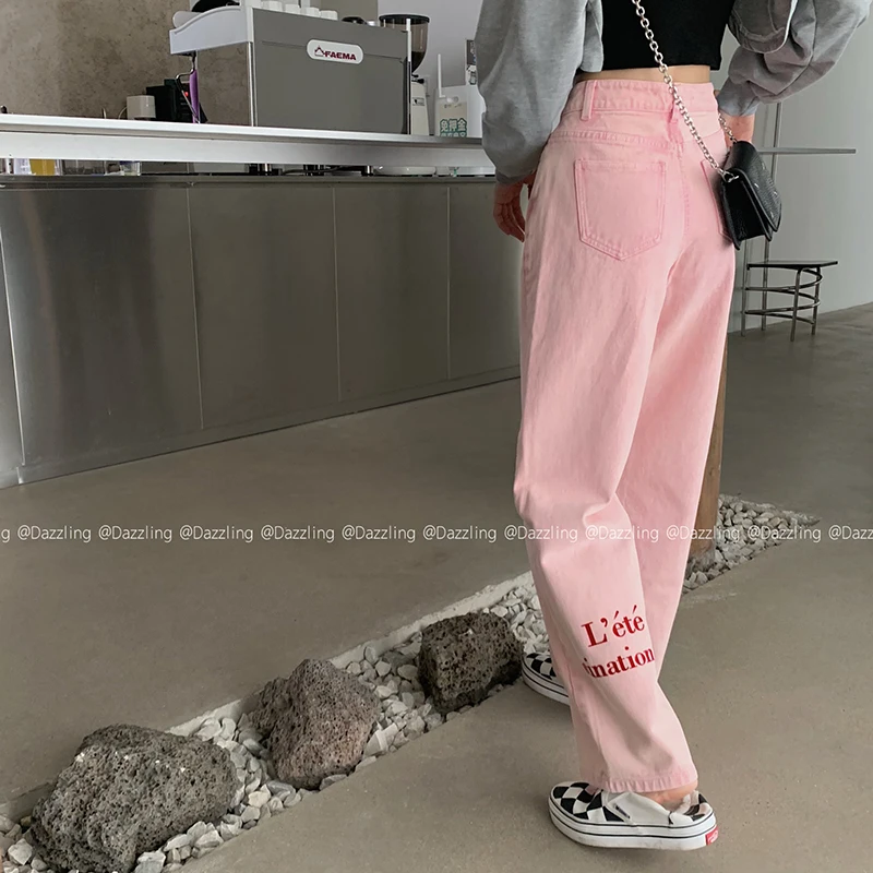 Women Casual High Waist oversized Wide Leg Jeans 2023 Letter Print Pink Straight Denim Pants Streetwear Boyfriend Style Jeans