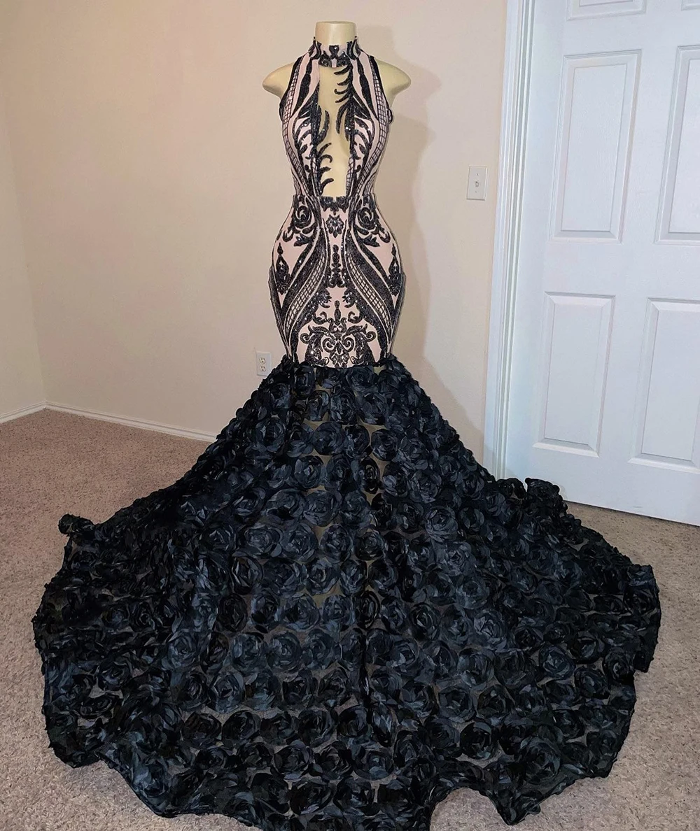 

Real Photo Sequin Top 3D Flowers Mermaid Long Prom Dresses 2022 Elegant Sleeveless African Party Prom Gowns For Women
