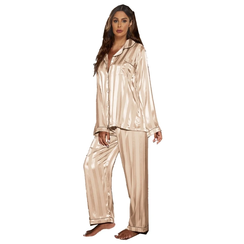 

Striped Jacquard Button Down Long Sleeve Top and Pants Silky Pajamas for Women