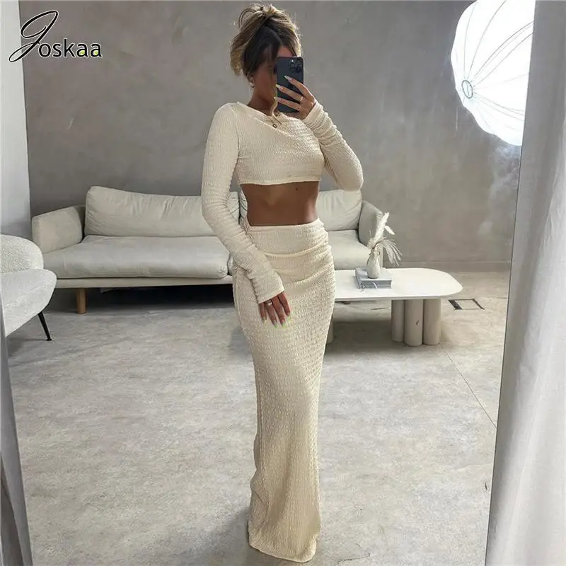 

Joskaa Fashion Solid Two Piece Set Women Casual Long Sleeve Crop Tops and Bodycon Maxi Skirts Suits 2023 Fall Elegant Outfits