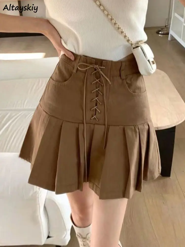 

Мини-юбка женская плиссированная с завышенной талией, бандажная простая модная повседневная универсальная юбка с винтажным карманом в Корейском стиле, лето