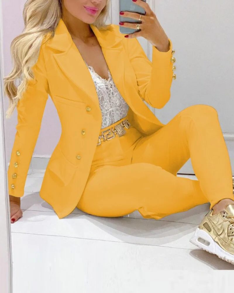 2023Women Pants Suits Solid Single Breasted Blazers Tops + Pencil Pants Two 2 Piece Sets Office Lady Fashion