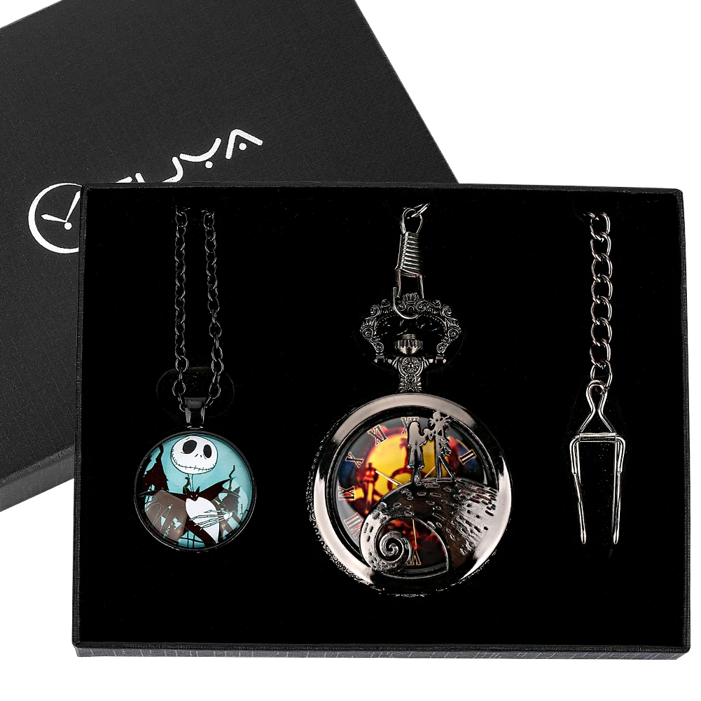 Pocket Watch Sets for Men Black Hollow Cover Skull Movie Cosplay Gift Set for Men Women Quartz Pocket Watch Necklace Pendant