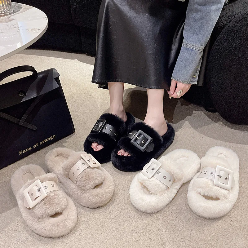 

Autumn and Winter New Korean Version Big Belt Buckle Woolly Slippers Women Warm Thick Bottom Large Size One Word Plush Slippers