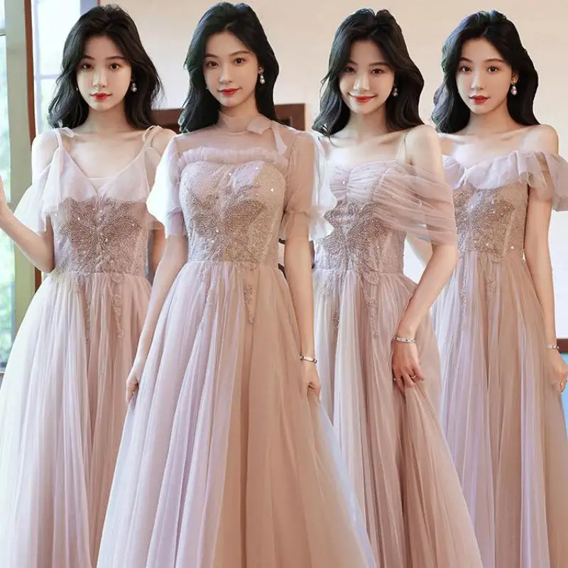 

Pink Chinese Qipao Dress MESH Bridesmaid Celebrity Banquet Formal Party Gown Sexy Appliques Robe De Soiree Maxi Pleated Vestidos