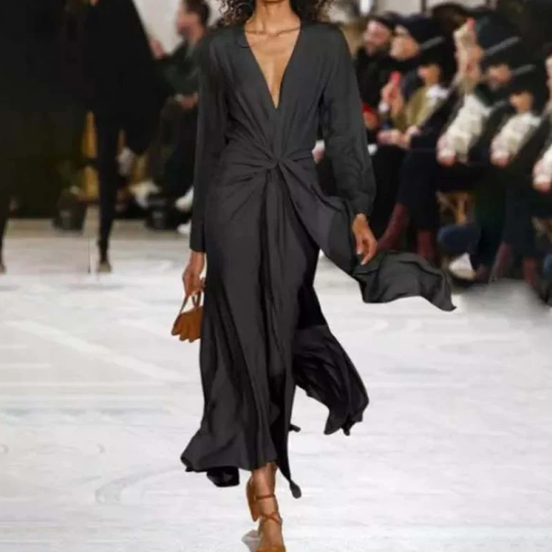 

Women Sexy Deep V-neck Solid Long Dress Autumn Elegant Draped Waist Bohe Maxi Dress Spring Casual Long Sleeve Twist Party Dress