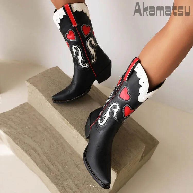 Red and Black Heart Cowboy Boots Women's Shoes Retro Embroidered European Style Pu Pointed Toe Thick Med Heel Sleeve Boots