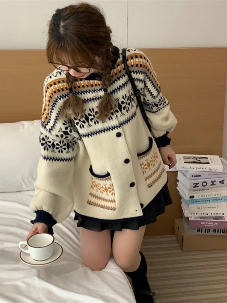 Осень/зима 2024 модный новый женский теплый вязаный кардиган с принтом в