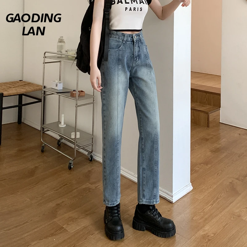 

New Summer Vintage Women Straight Jeans Streetwear Y2K Loose Trousers Slim Fit High Waist Wide Leg Blue Denim Long Pants Female