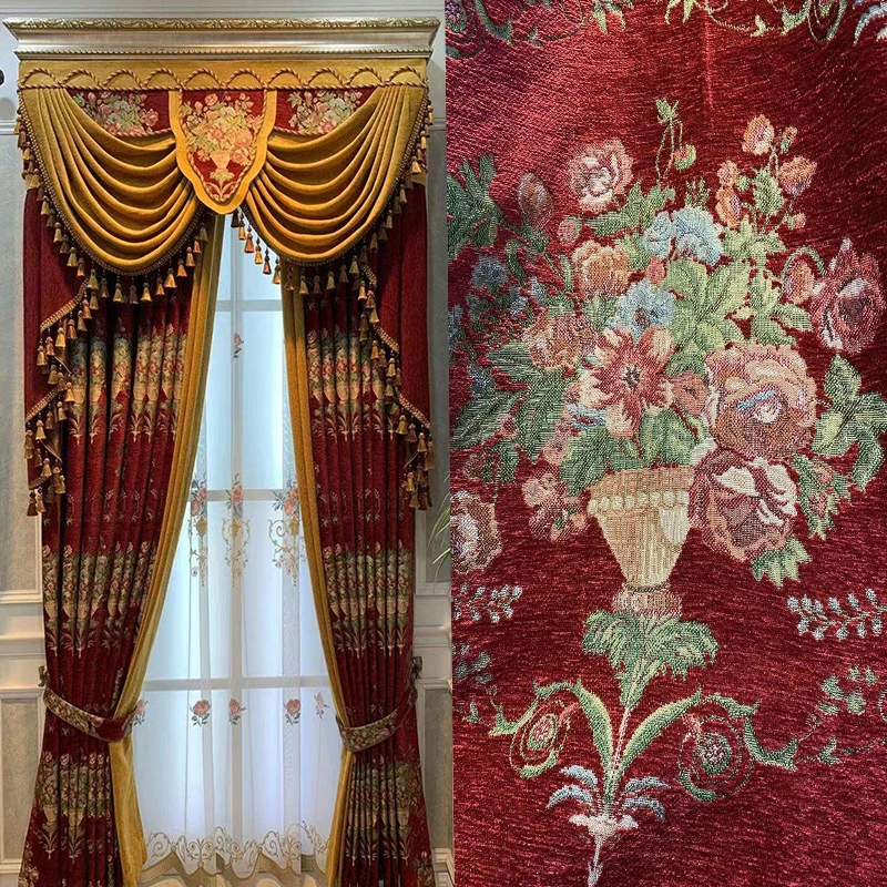 Занавески на заказ, новинка, винно-красная шениль, жаккардовая, американская Роскошная ретро-вилла, затемняющие шторы, тюль, драпировка, C1089