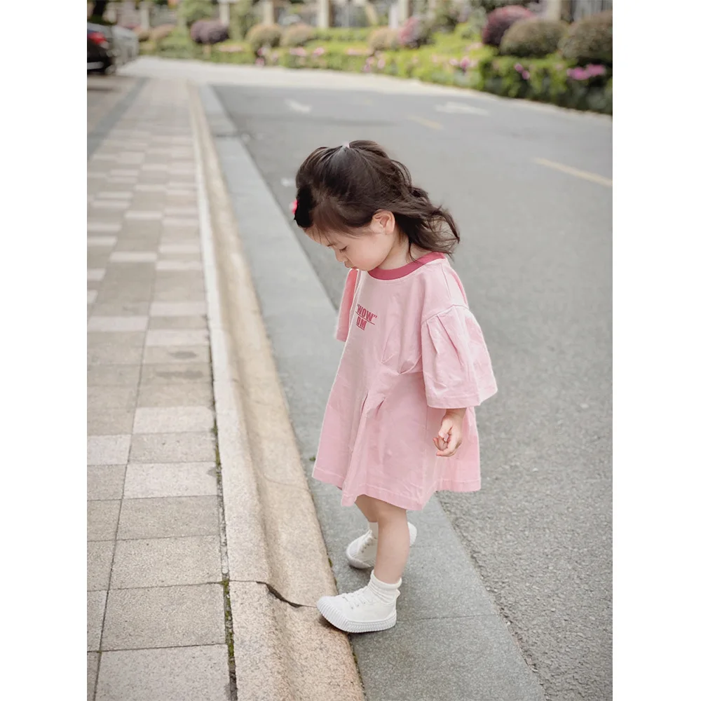 

Baby Girls Loose Short Sleeve Pink Letter Casual Skirt Children Summer New Fashion Comfortable Soft Kids Cotton Waist Up Dress
