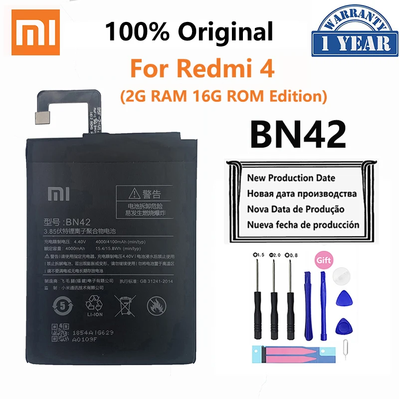 

Xiao Mi Original Phone Battery 4100mAh BN42 For Xiaomi Redmi Hongmi 4 Redmi4 Replacement Batteries 2G RAM 16G ROM Edition