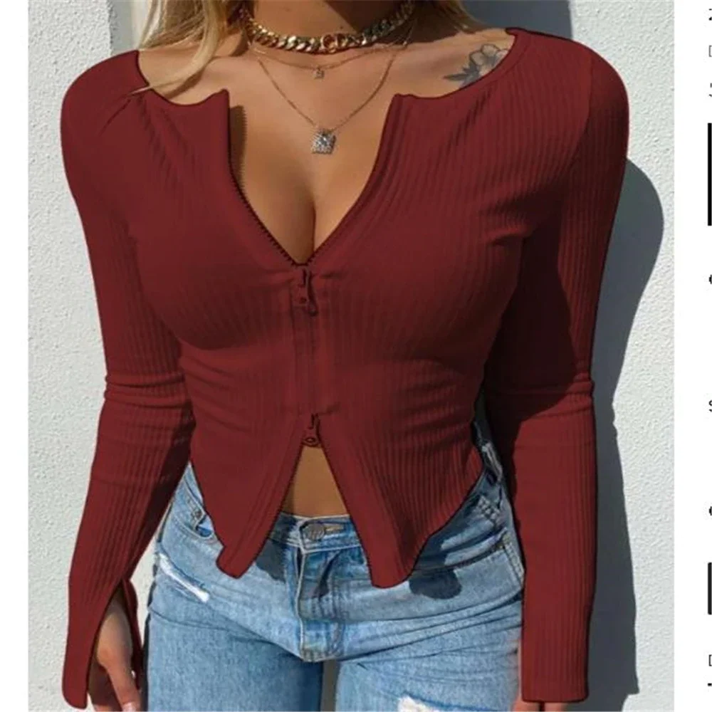 

Spring Autumn Clothes Women T-shirt Ribbed Knitted Long Sleeve Crop Tops Zipper Design Tee Sexy Female Slim Black White Tops