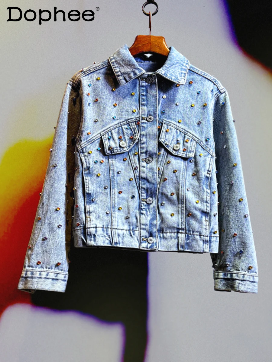

Color Diamond-Embedded Denim Jacket Women Short Loose Korean Style Long Sleeve Jeans Jacket Coat 2022 Spring Autumn New Clothes