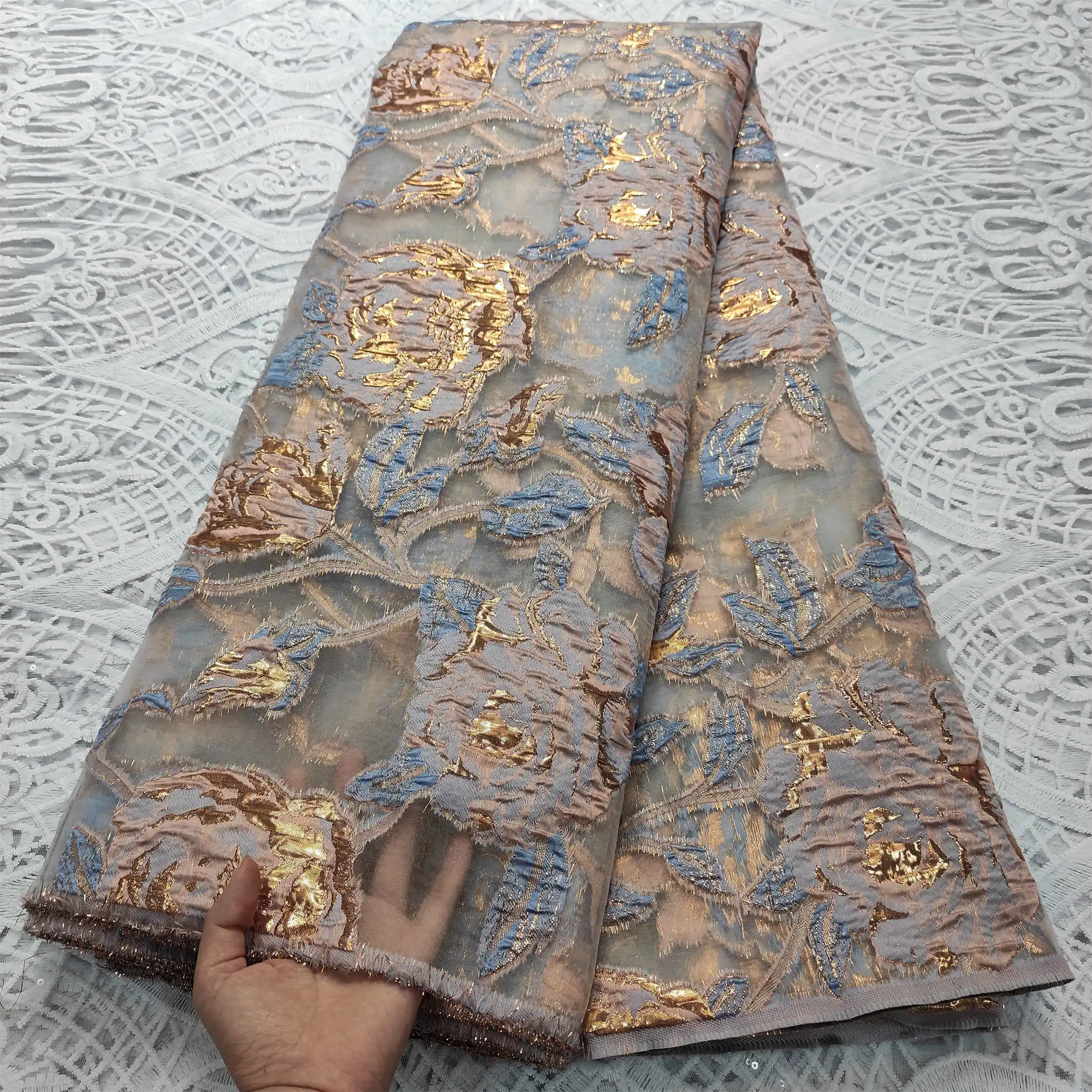 

High Quality Pattern African Lace Fabric Decorated Peony Brocade Jacquard Lace Sewing Trimmings Dresses for Wedding SHDB06