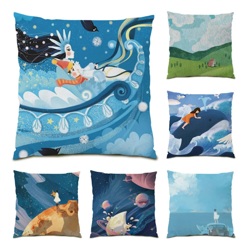 

Cartoon Sence Sofa Pillow Cases Vintage Polyester Linen Comfortable Home Decor Velvet Retro Cartoon Scenes Cushion Cover E0511