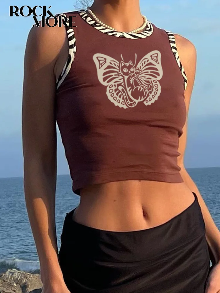 

Rockmore Butterfly Print Tank Top Y2K Aesthetic Vintage Crop Top Summer Women Off Shoulder Patchwork Camisole Summer Sweat Vests