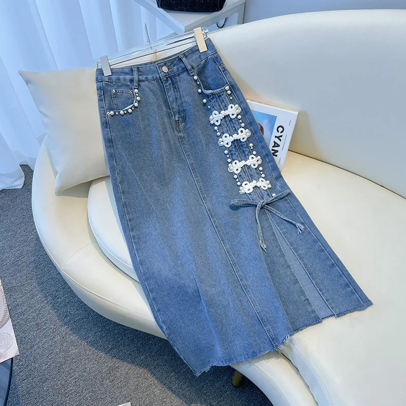 

Женские летние джинсовые юбки, винтажные модные синие юбки с бисером и бантом, шикарные джинсовые юбки с разрезом в Корейском стиле, новинка 2023