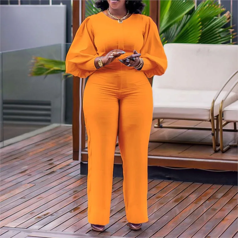 Fashion Puff Sleeve Jumpsuit Women's 2022 Fall Winter New Round Neck Solid Color Party Rompers Office Lady Bazin Baggy Pants