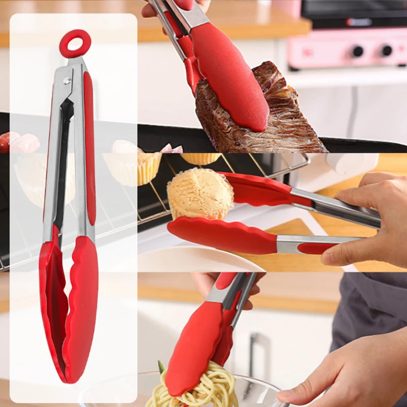 

Kitchen Cooking Food Tongs Stainless Steel With Silicone BBQ Grilling Salad Bread Serving Tong Non-Stick Clip Clamp Tool Gadgets