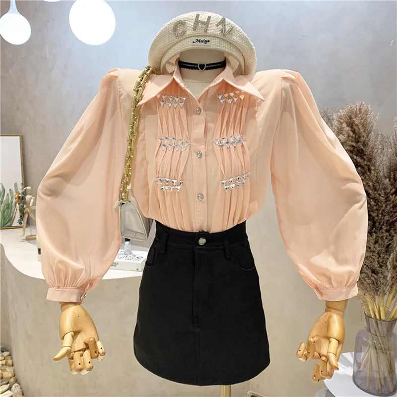 

New Women's Clothing 2022 Spring Design pleated Puff Long Sleeve Chiffon shirt Temperament bottomed top blusa feminina