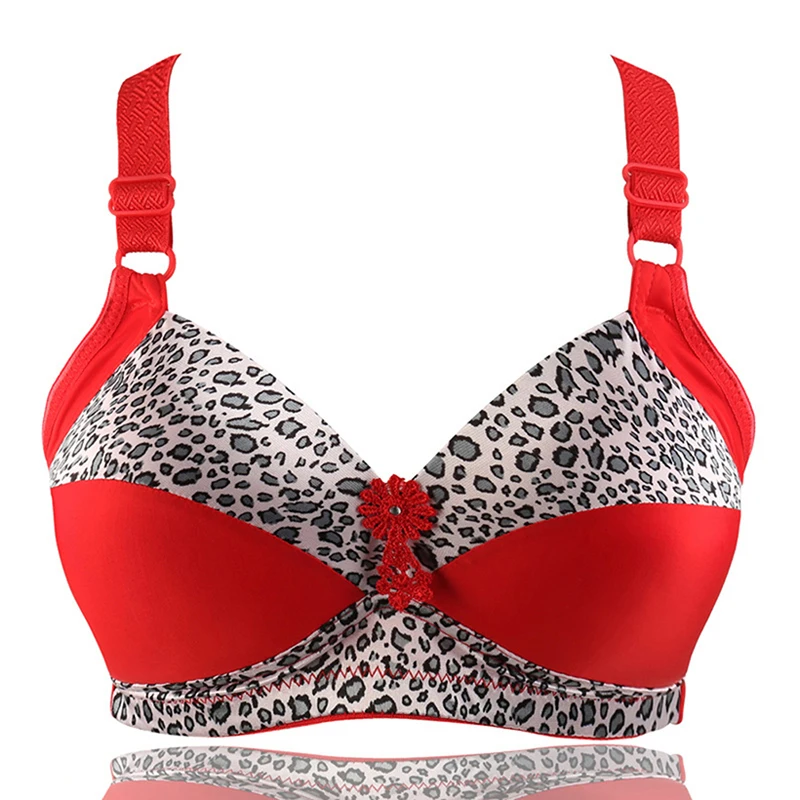 

Women's Full Cup Bra Large Size Leopard Print Wire Free Cotton Bras Push Up Ajusted Brassiere Thin Cup Underwear