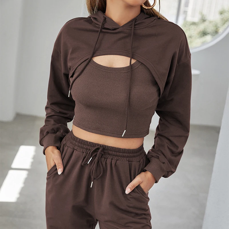 3 Pieces Sets 2022 New Women Sweatshirts Brown Long Sleeve Hoodie Bodycon Crop Tank Tops Elastic Waist Pants for Sport Running