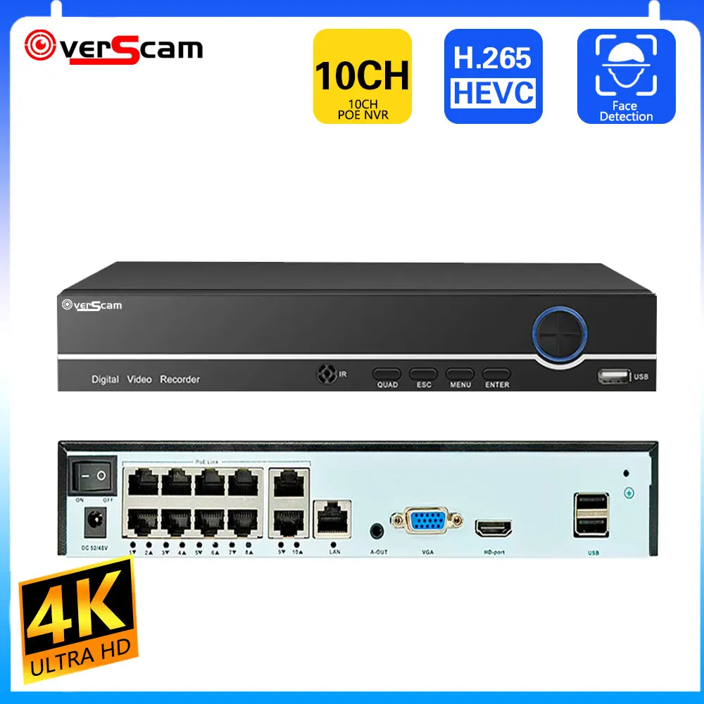 Система видеонаблюдения, 4K 10CH 8Ch Poe Nvr 8Mp Cctv, с функцией распознавания лица, H.265, сетевой видеорегистратор с аудио, xmeye, нарукавник с приложением