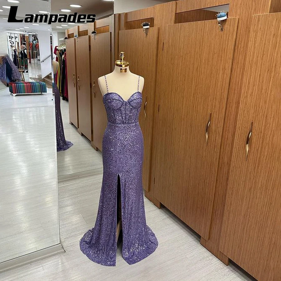 

Sparkling Purple Prom Dress Sweetheart Neckline Glamorous Evening Gown featuring Eye-Catching Sequins and a Striking Side Slit