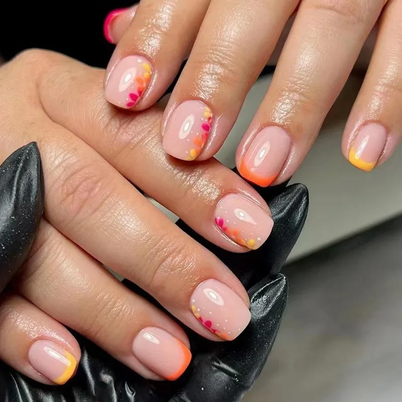 

24pcs French Flower Square Nails Decals Aurora Fragmented Flowers Oval False Nails Artificial Nails Full Cover Wearable