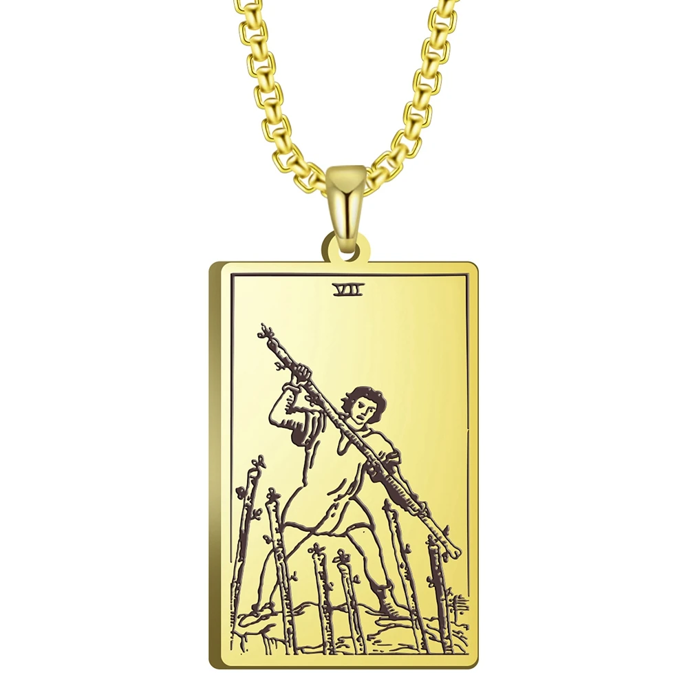 

Stainless Steel Jewelry Black Color Gold Color Steel Color 24x40mm Tarot Seven Of Wands Pendant Necklace With 60cm Box Chain