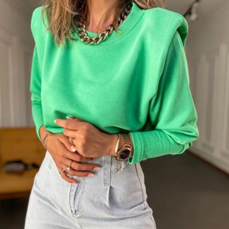 

Leisure Shoulder Pad Sweatshirt Women's Green Long Sleeve Crew Neck Pullover High Street Fashion Sweatershirt 2021
