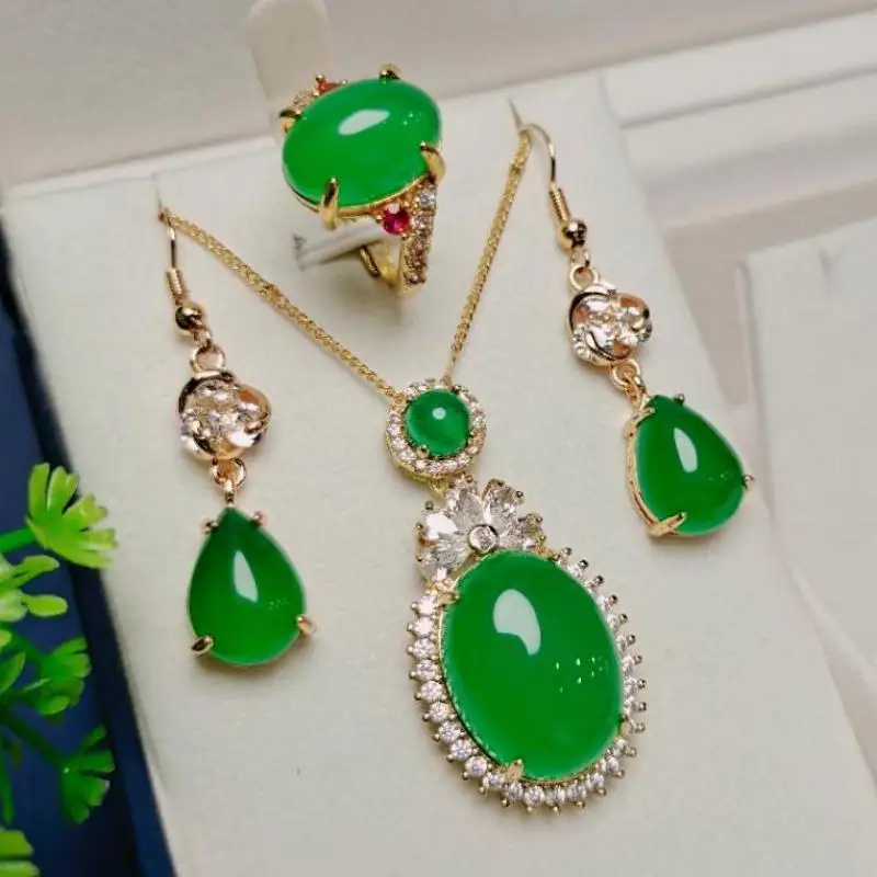 

Natural Green Jade Earrings Ring And Oval Pendant Necklace Jewelry Set Women Certified Jades Stone Chrysoprase Fine Jewellery