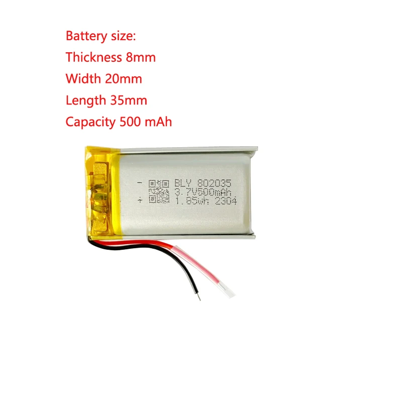 

802035 3.7v 500mah Lithium Polymer Battery Rechargeable Small Lipo For Smart Watch,Driving Recorder, Tire Pressure Monit