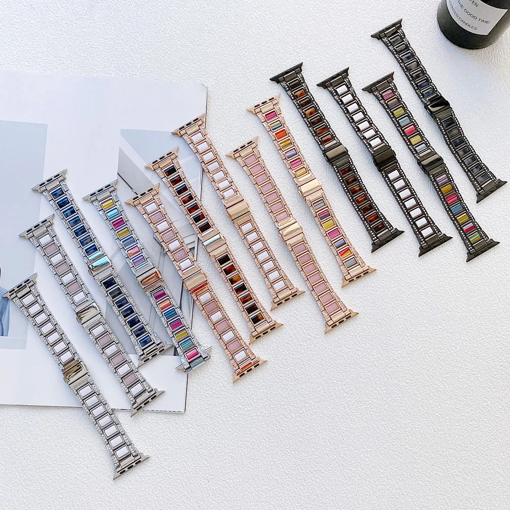 

Women Diamond Resin+Metal Bracelet for Apple Watch 7 Band Series 6 SE 5 4 3 Strap 41mm 45mm 40mm 44mm Alloy Wrist Belt