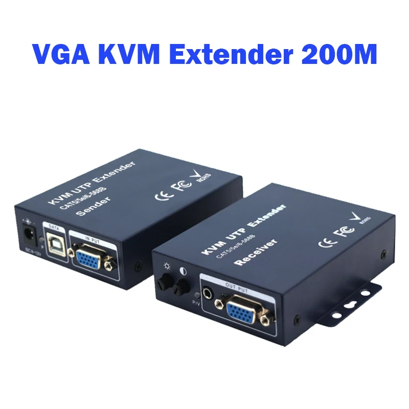 

660ft VGA USB Stereo Audio KVM Extender Over RJ45 Cat5 Cat 5e Cat6 Cable 1080P No Delay No Loss VGA Keyboard Mouse Transmitter