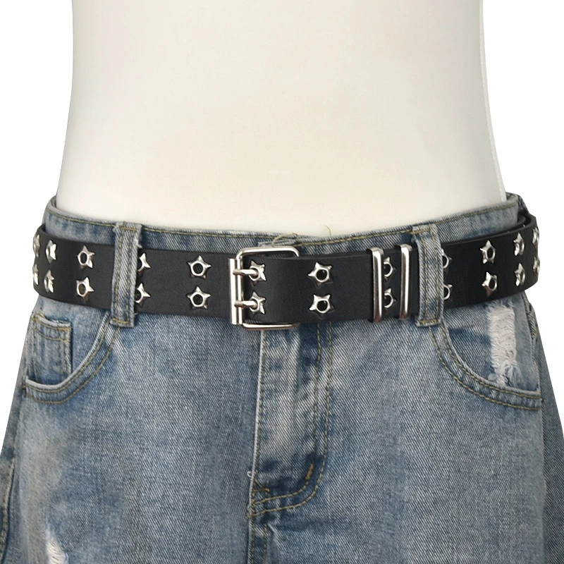 

NEW Star Eye Rivet Belt Double Star Eyelet Grommet Waist Strap Adjustable Punk Waist Belt Jeans Decorative Waistband Cummerbunds