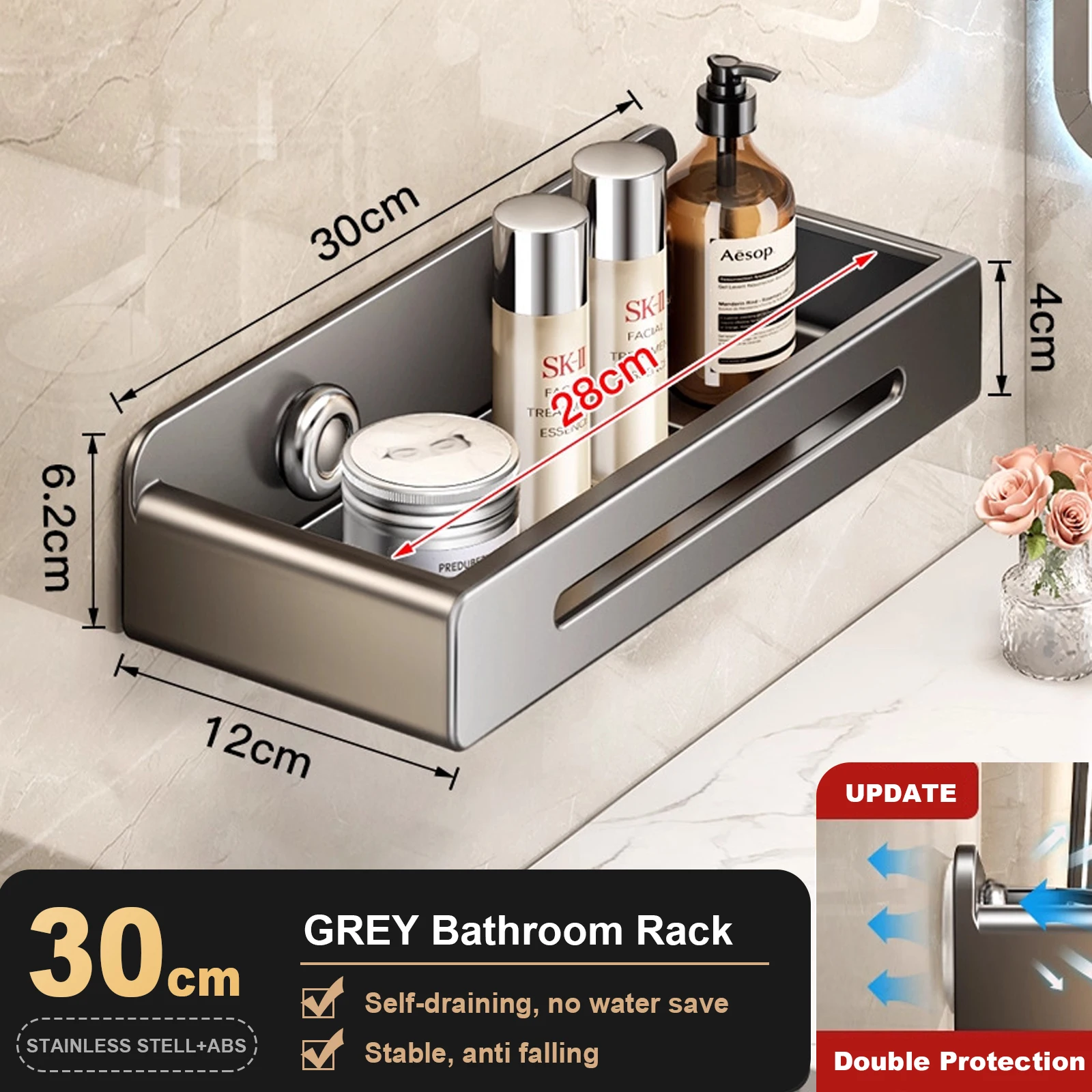 Кухонная полка для ванной комнаты, настенная полка для шампуня для душа, настенное крепление без перфорации, полка для хранения душа, большая вместимость, прочная несущая способность