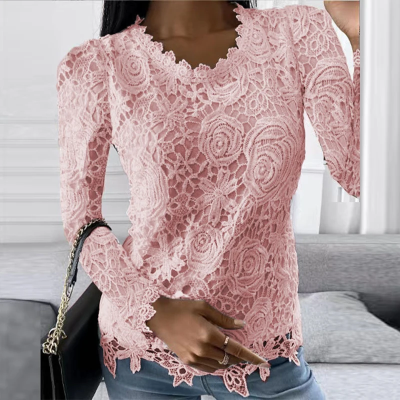 2022 Women's Elegant Shirt Autumn Fashion Lady's Lace Jacquard Long Sleeves Casual Women Vintage Loose O-Neck Blouses |