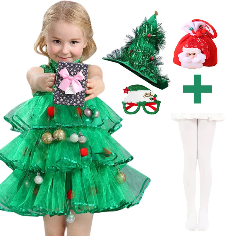 2025 Christmas Kids Girls Cosplay Santa Claus Costume Children Role Play Xmas Tree Suit Clothes Festival Outfit