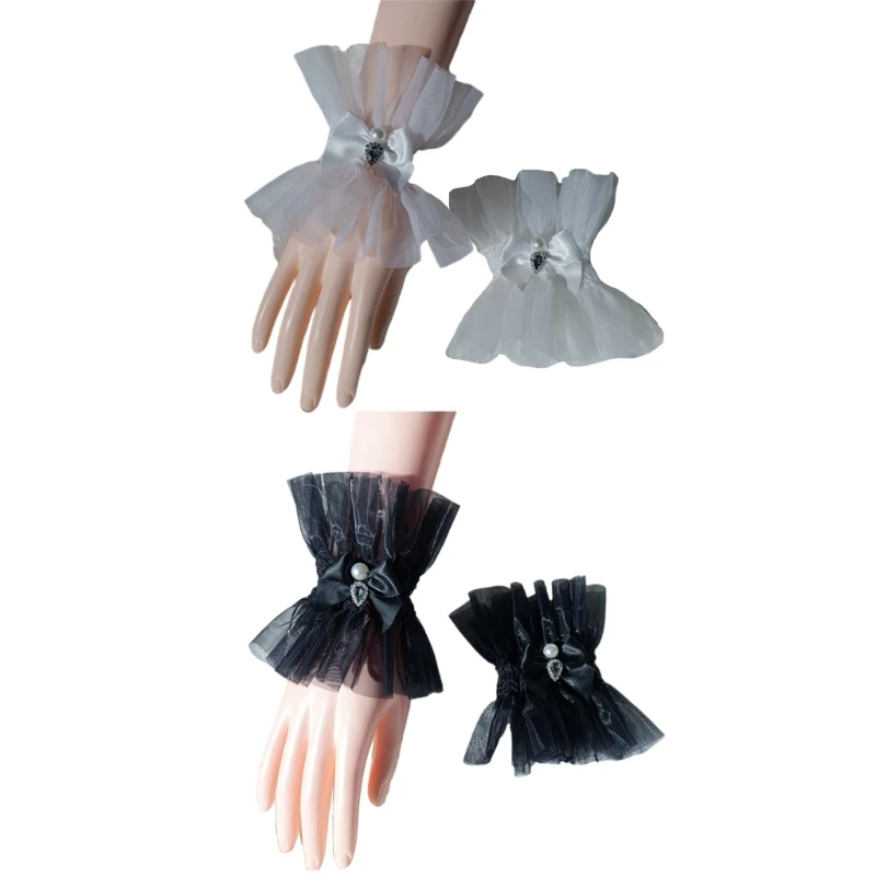 

Decorated Pleated Wrist Cuffs Spring Summer Lovely Skirt Removable Flounces Wrist Sleeves with Bowknot T8NB