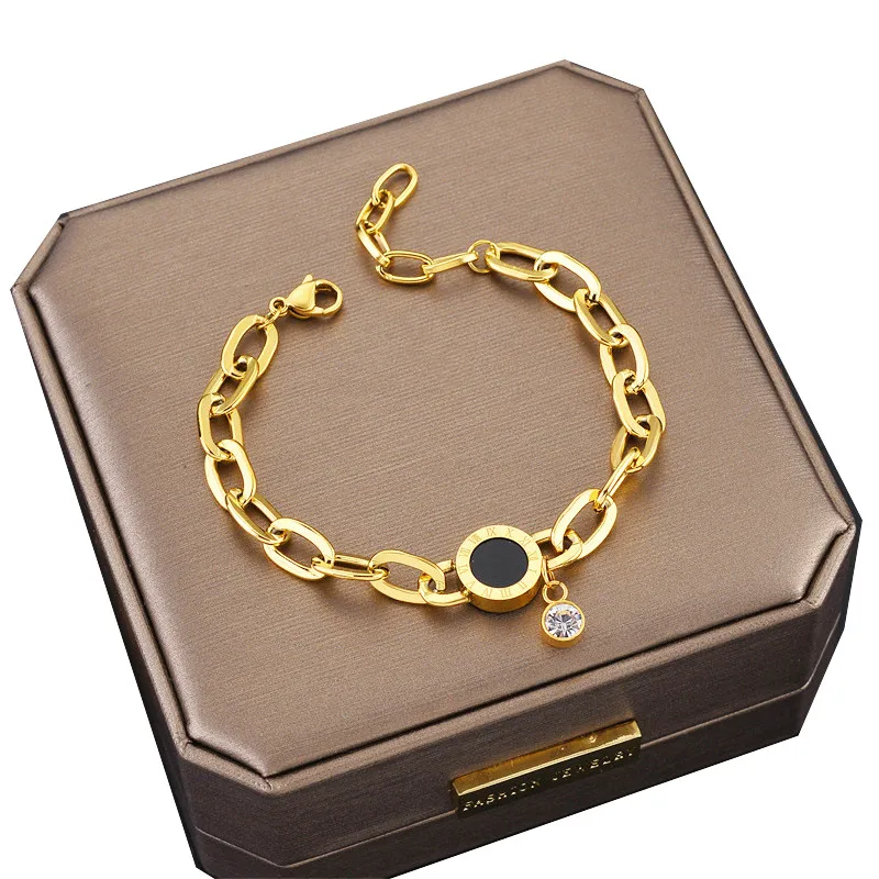 

Roman Numeral Stainless Steel 18K Gold Single Large Crystal Thick Chain Ladies Bracelet Fashion Jewelry Male Female Bangle