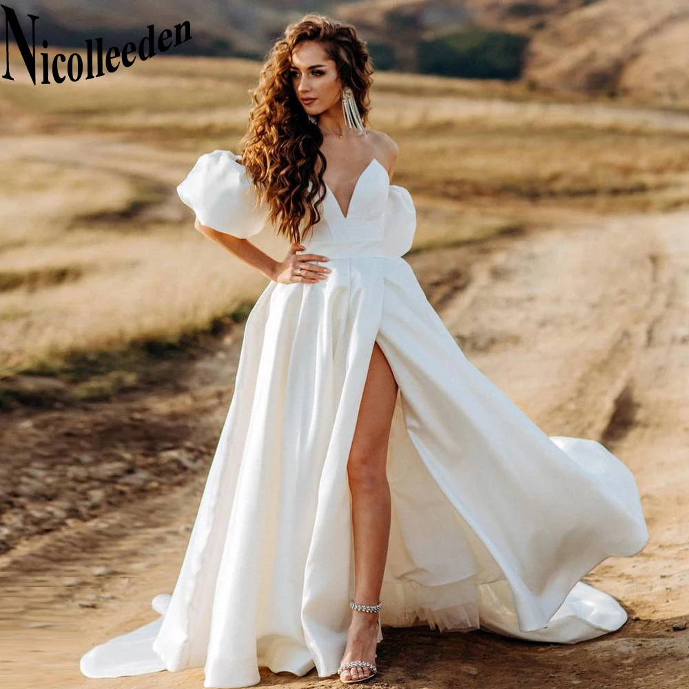 

Nicolle Classic Puff Sleeves Wedding Dresses For Bride V-Neck Satin Backless Appliques Court Train A-LINE Robe De Mariée