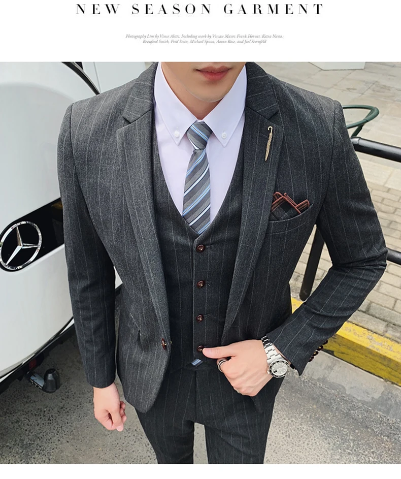 Suit Men's 2022 New Chinese Style Gray Stripes Custom Upper Business Suit 3-piece Suit (jJacket + Pants+Vest)