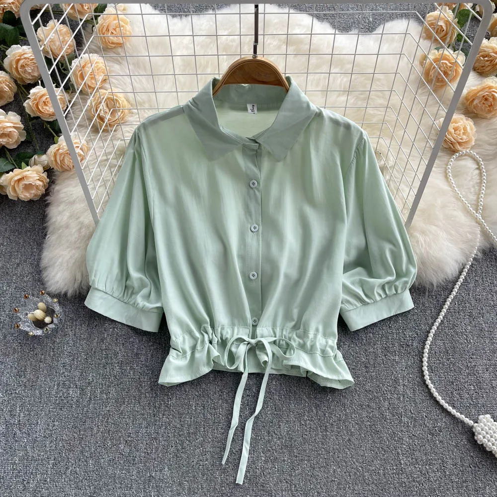 

Summer New Design Sense of Solid Color Simple Lapel Niche Drawstring Short-sleeved Tops