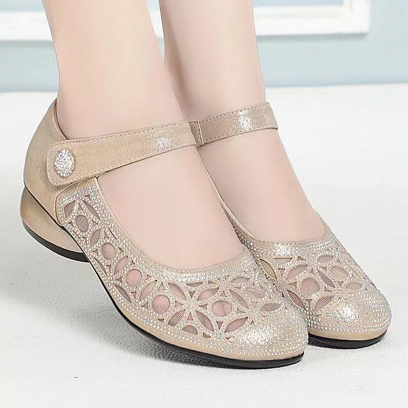 Women's Summer Footwear with Crystals Shoes for Woman 2023 Rhinestone Clear Transparent Round Toe Gold Low Heel Elegant Diamond