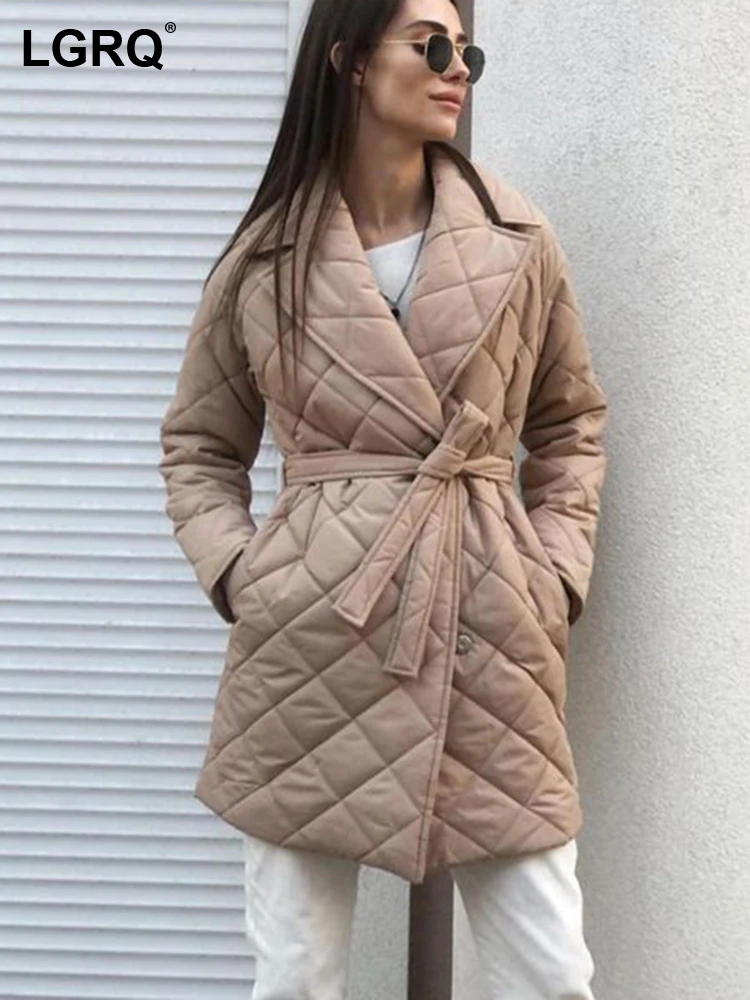 

LGRQ Fashion Women's Cotton-padded Coat New Turn-down Collar Loose Argyle Drawstring Long Jackets Female Winter 2023 19J1948