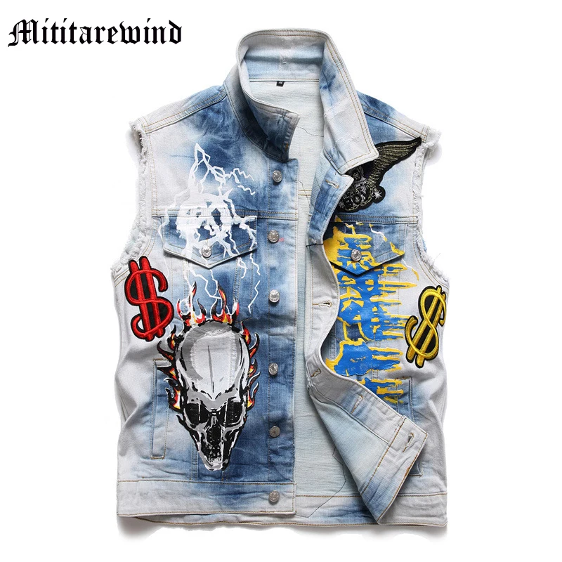 

Куртка мужская джинсовая с вышивкой, модная повседневная Уличная одежда в стиле хип-хоп, синяя куртка в стиле панк, Y2k, весна