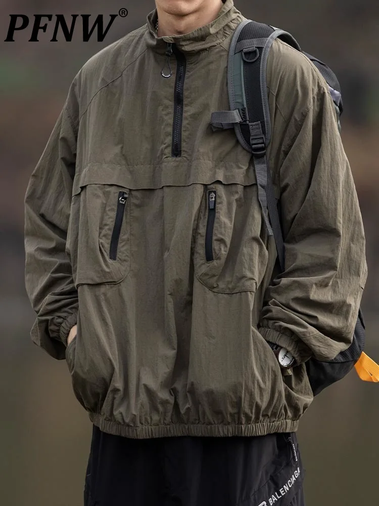 

PFNW Men's Safari Style Jackets 2022 Autumn Stand Collar Outdoor Loose Multi-pocket Pullover Male Jacket Solid Color New Fashion
