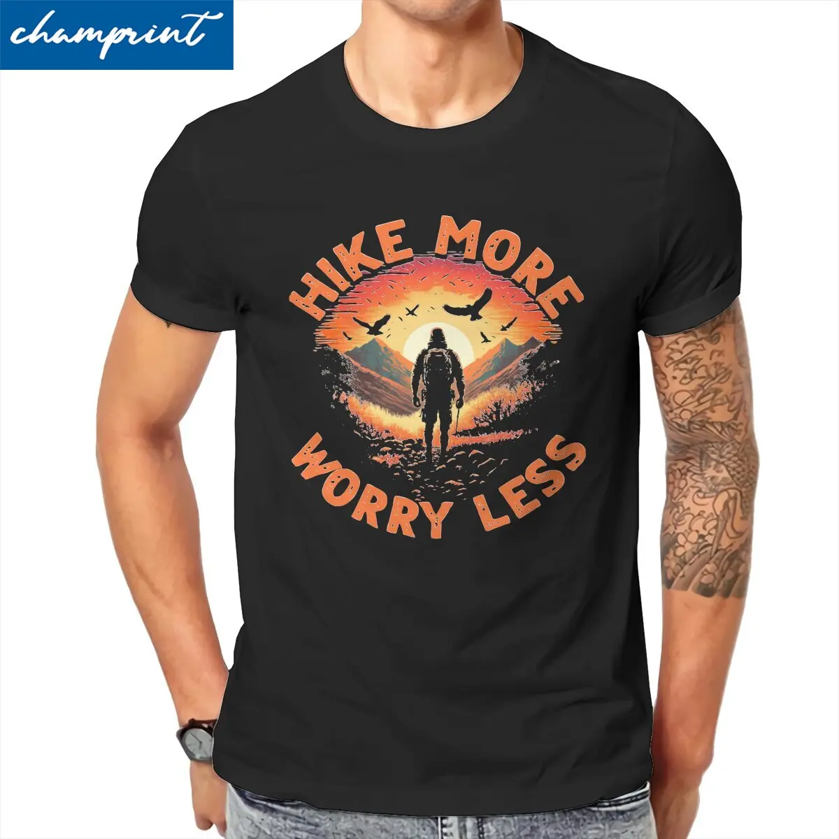 

Men T-Shirts Hike More Worry Less Vintage 100% Cotton Tees Short Sleeve Hiking Retro T Shirt Crew Neck Clothing Gift Idea